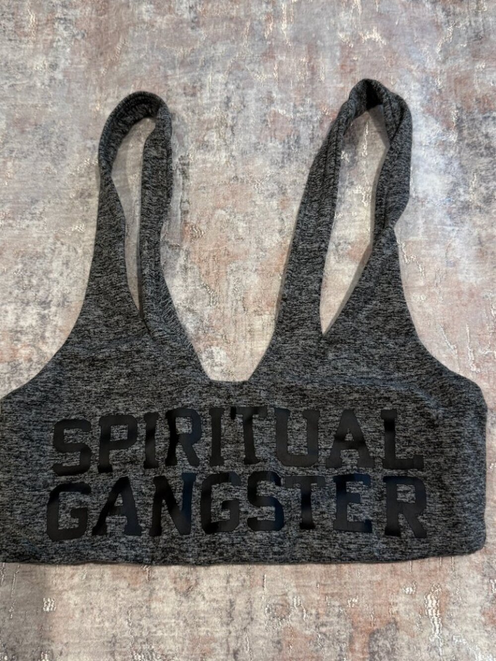 Spiritual Gangster Sports Bra | Heather Gray | Varsity Logo | Racerback | XS